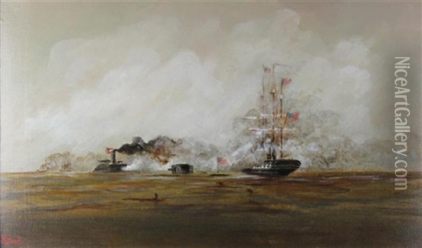 Battle Of The Monitor And Merrimack Oil Painting - Alexander Charles Stuart