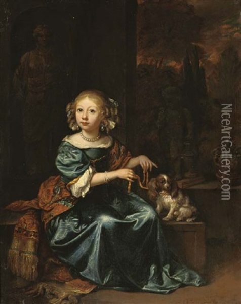 Portrait Of A Girl In A Blue Dress And Red Shawl With A Spaniel In An Interior On A Terrace Oil Painting - Caspar Netscher