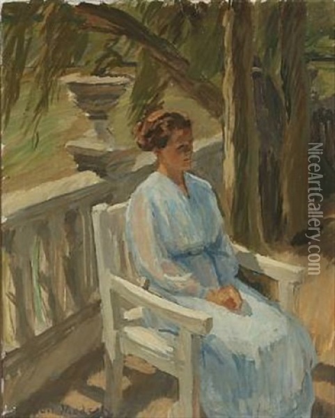 Portrait Of Martha Mortensen In The Garden At Klaregade 37 In Odense Oil Painting - Christian Juel Madsen