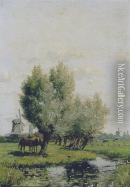 Polderlandschap Met Paarden Onder Een Boom Oil Painting - Sieger Baukema