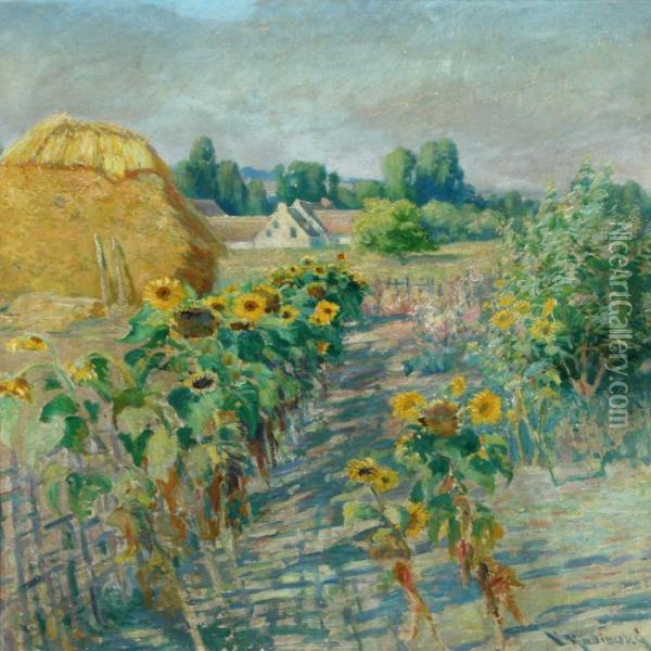 Landscape Withsunflowers And House Oil Painting - Vaclav Radimsky