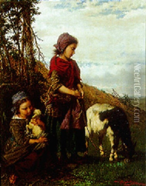 Gardeuses De Chevres Et De Moutons Oil Painting - Henry Campotosto