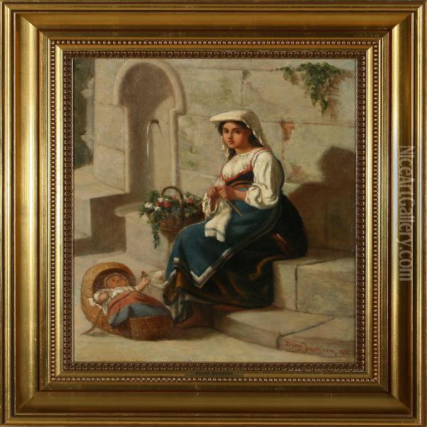 Young Italian Motherknitting Near A Fountain Oil Painting - David Jacobsen