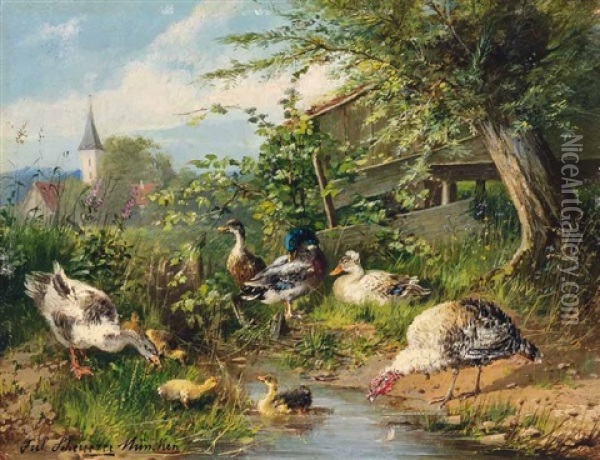 Enten Und Ein Truthahn Am Bach Vor Einem Dorf Oil Painting - Julius Scheuerer