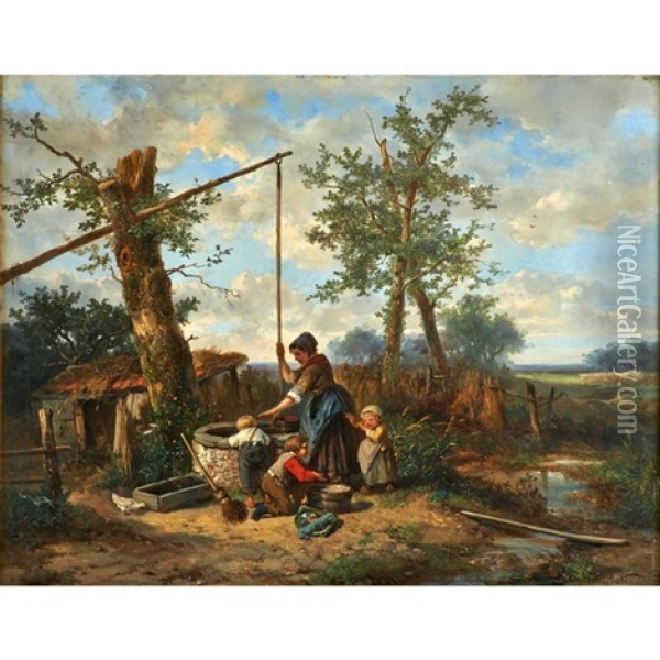 Landscape Of A Woman And Three Children Around A Well Oil Painting - Johannes Marius ten Kate