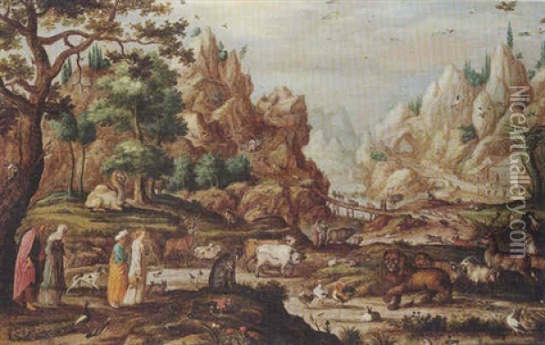 A Rocky Landscape With Noah And The Animals Entering The Ark Oil Painting - Jacob Savery the Younger