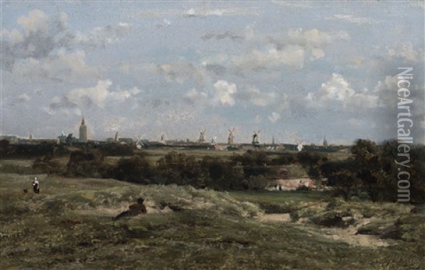 A Dune Landscape With A Man Resting, Mills And A Church Tower On The Horizon Oil Painting - Johannes Joseph Destree