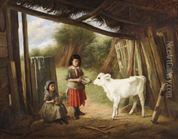 Feeding Time, Two Country Girls Feeding A Calf In A Stable Oil Painting - Charles Hunt