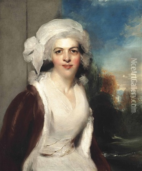 Portrait Of Rebecca, Lady Simeon (d.1830), Half-length, In A White Dress And Fur Wrap, A Wooded Landscape Beyond Oil Painting - Thomas Lawrence
