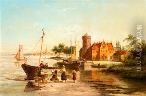Hollands Stadje Aan Het Water Oil Painting - William Raymond Dommersen