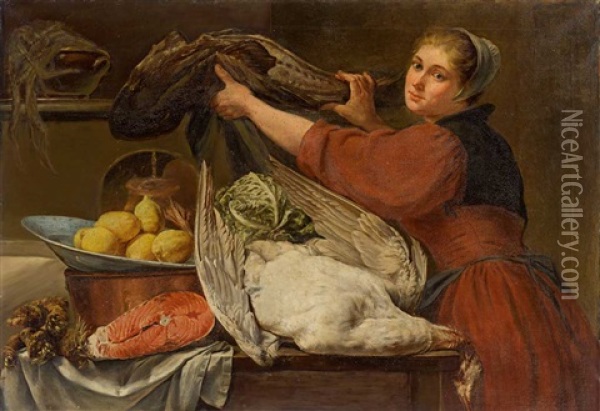 Kuchenmagd Mit Fischen, Gans Und Zitronen In Schale Oil Painting - Anna Maria Wirth