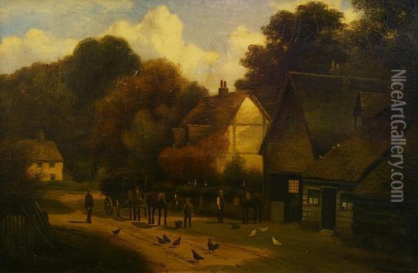 Street Scene With Figures And Fowl Oil Painting - A.H. Vickers