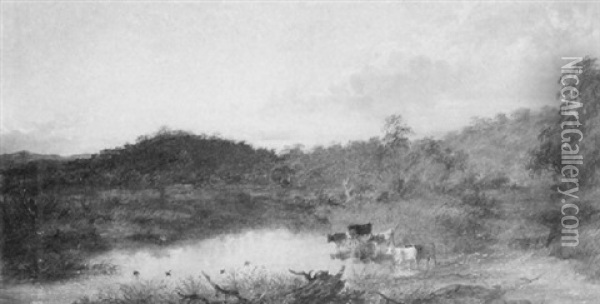 Cattle Watering, Evening Oil Painting - James Howe Carse