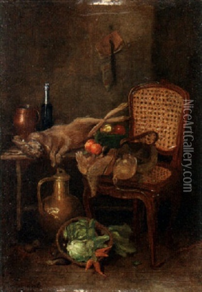 A Still Life With Dead Game And Vegetables On A Table And Chair Oil Painting - Camilla Edle von Malheim Friedlaender