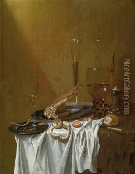 Ein Paar Stillleben Mit Romern, Fleisch, Zitronen, Brot, Pfeifen Und Einer Violine Oil Painting - Gerrit Van Vucht