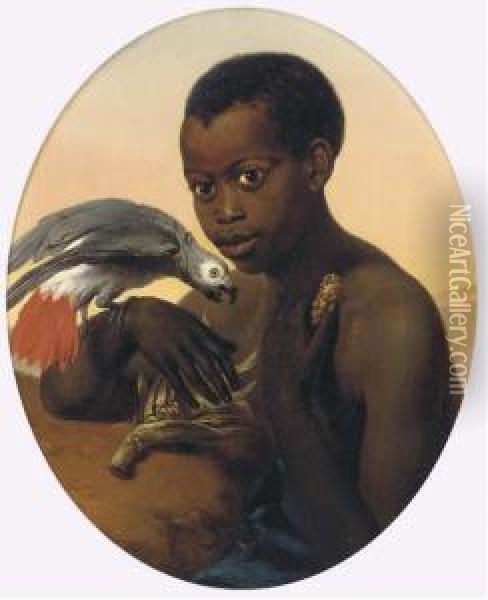 A Boy And His African Grey Oil Painting - Charles Verlat