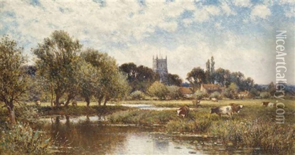 Cattle Watering, Kempstead-on-thames Oil Painting - Alfred Augustus Glendening Sr.