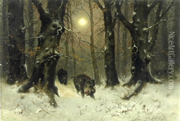 Wildschweine Im Winterwald Bei Vollmond Oil Painting - Friedrich Josef Nicolai Heydendahl