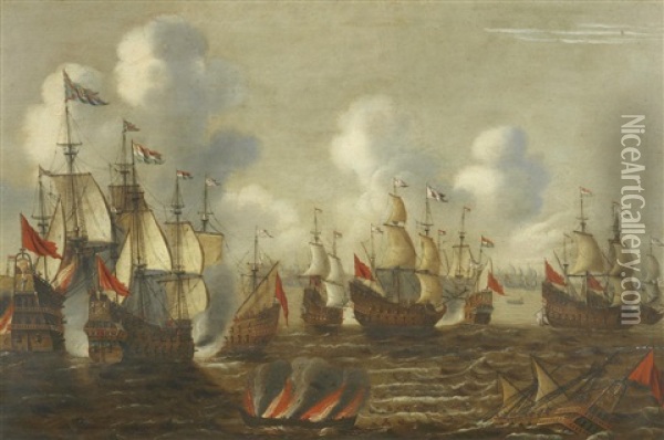 A Maritime Engagement Between The Dutch And The Spanish Netherlands Oil Painting - Peter van den Velde