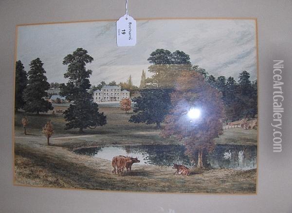 Cattle By A Pool In Parkland Before A House, 1856 Oil Painting - Edward, Rev. Bradley