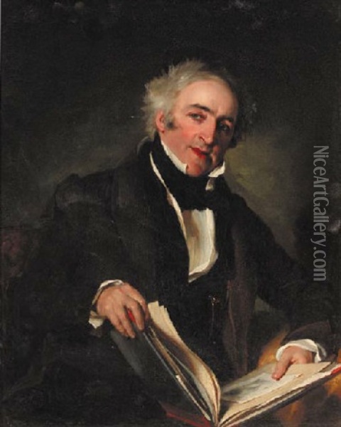 Portrait Of A Gentleman In A Brown Coat And Black Waistcoat, Holding An Open Album On His Lap Oil Painting - James Lonsdale