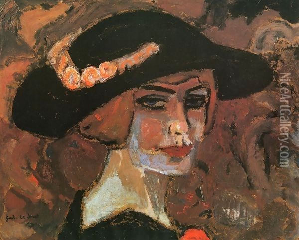 Girl wearing a Hat Oil Painting - Lassak Lajos