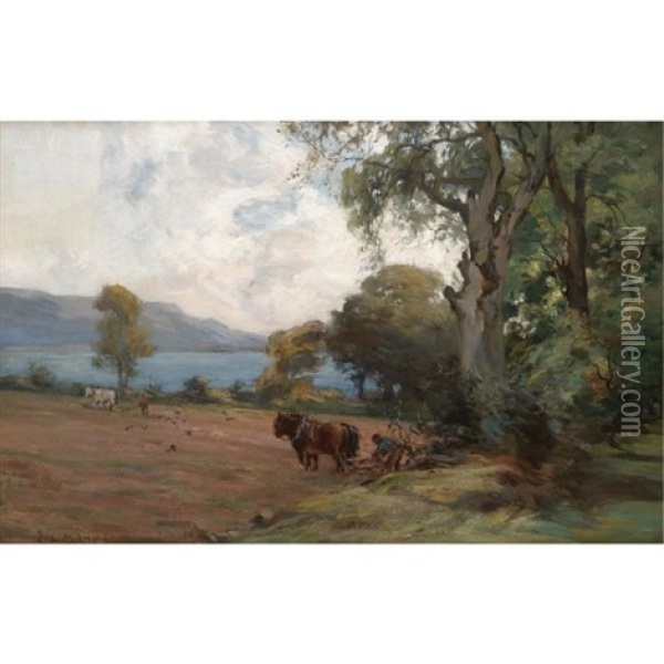 Ploughing Fields (+ Horses Grazing; 2 Works) Oil Painting - Joseph Milne