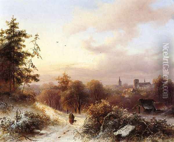 Winter: A Peasant on a Path in a Wooded Landscape, a Town in the Background Oil Painting - Alexander Joseph Daiwaille