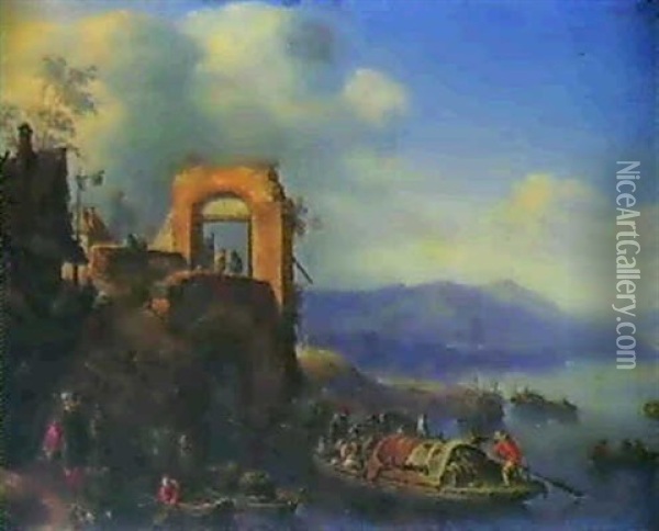 Paysage De La Vallee Du Rhin Avec Le Depart D'un Bac Oil Painting - Herman Saftleven