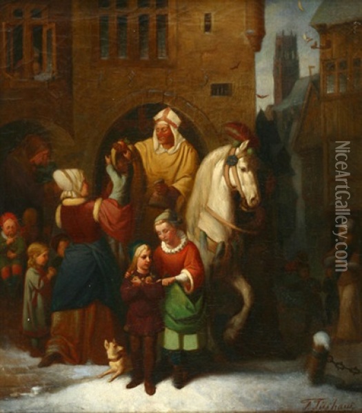 Der Heilige Nikolaus Zu Pferd Verteilt Seine Gaben In Einer Stadt (munster?) Oil Painting - Friedrich (Fritz) Tueshaus