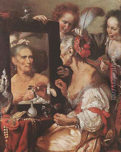 Old Woman at the Mirror c. 1615 Oil Painting - Bernardo Strozzi