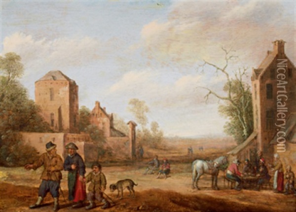 Eine Dorfszene Mit Reisenden Und Bauern Auf Einer Strasse Oil Painting - Cornelis Droochsloot