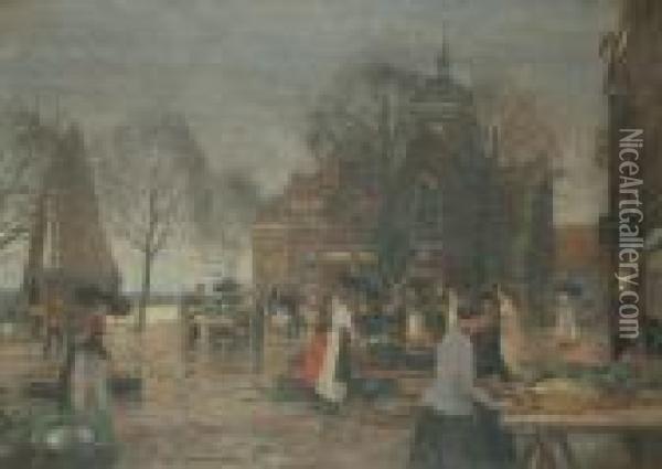 A Busy Market Square Oil Painting - Heinrich Hermanns