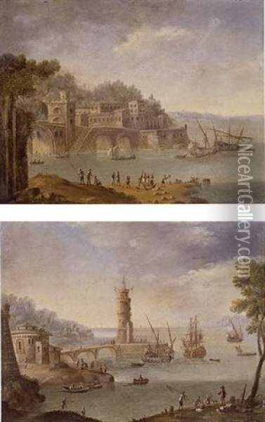 Harbour Scene With Ships By A Tower (+ Harbor Scene By A Fortification; Pair) Oil Painting - Orazio Grevenbroeck