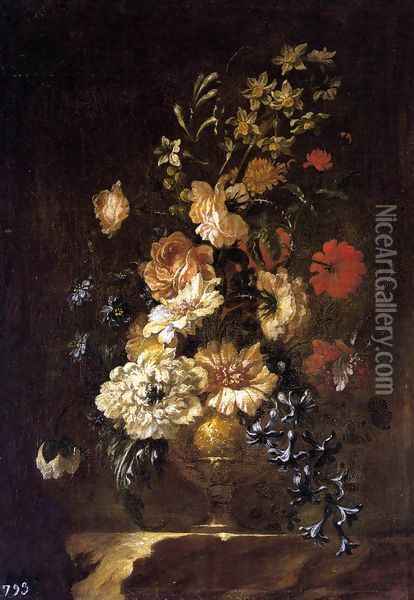 Vase of Flowers c. 1690 Oil Painting - Francisco Perez Sierra