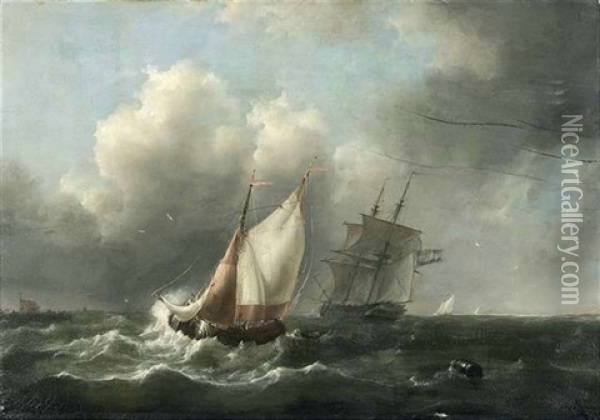 Segelschiffe Unter Bewolktem Himmel In Aufgewuhlter See Oil Painting - Johannes Christiaan Schotel