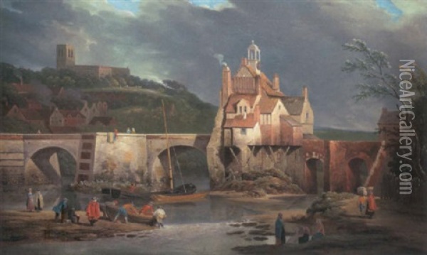 The Gatehouse On The Bridge Over The River Severn At Bridgnorth, Shrophire, With The Church Of St. Leonard Beyond Oil Painting - Joseph Farington