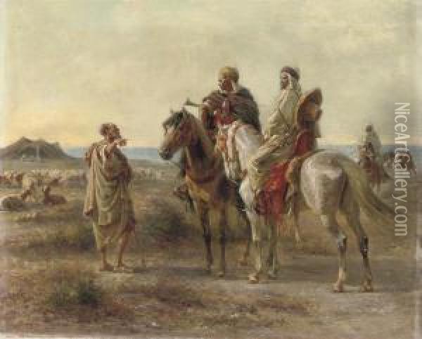 Arab Horsemen Before A Beduin Camp Oil Painting - Henri Felix Emmanuel Philippoteaux