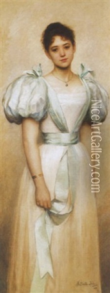 Leany Zold Szalagos Ruhaban (girl In A Dress With Green Ribbon) Oil Painting - Irene Hilberth