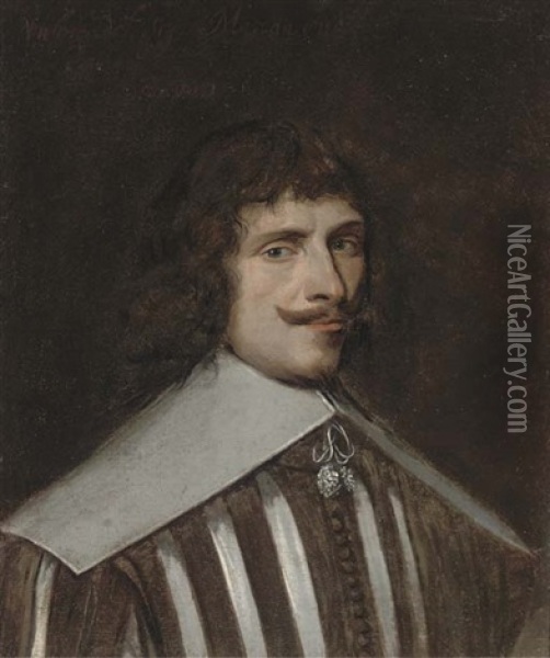 Portrait Of A Gentleman, Half-length, In A Brown And White Striped Doublet And White Collar Oil Painting - Cornelis Jonson Van Ceulen