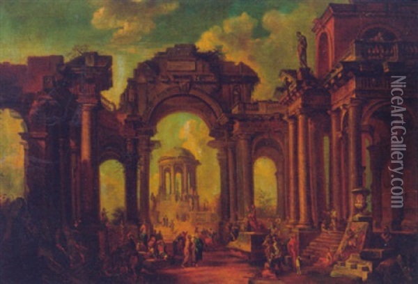 Figures In A Classical Capriccio Oil Painting - Giovanni Paolo Panini