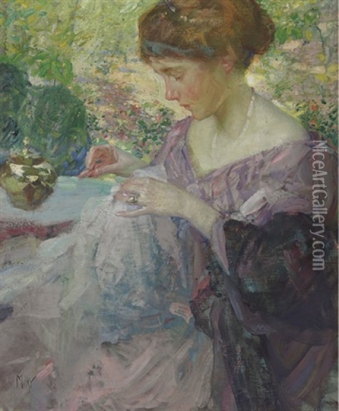 Young Woman Sewing Oil Painting - Richard Edward Miller