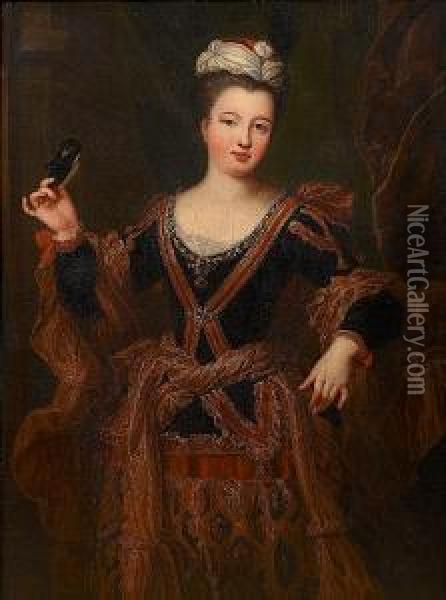 Portrait Of A Lady, 
Three-quarter-length, In A Dark Blue Dress With Gold Brocade Decoration,
 Holding A Mask And Standing Before A Curtain Oil Painting - Jean-Baptiste Santerre