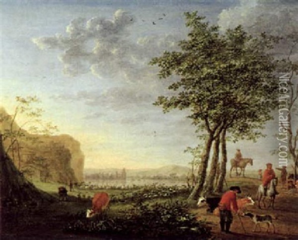 Weite Fluslandschaft Mit Reitern Und Herde Oil Painting - Cornelis Vermeulen