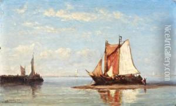 Zomerse Dag Met Twee Zeilschepen Op Een Zandplaat Bijhavenhoofd Oil Painting - Joannes Frederick Schutz