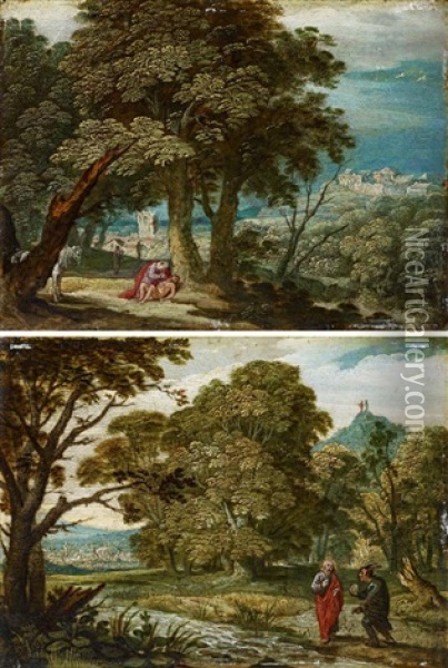 Zwei Gemalde: A.) Der Barmherzige Samariter B.) Versuchung Christi In Weiter, Bewaldeter Landschaft Oil Painting - Paul Bril