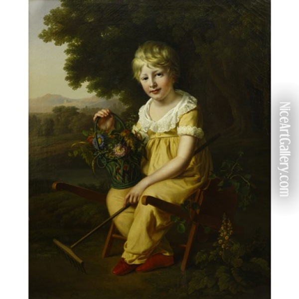Portrait Of A Child With Flower Basket Oil Painting - Henriette Lorimier