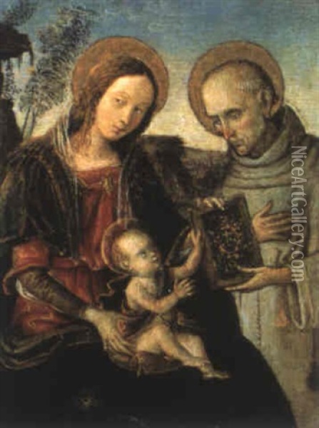 La Madonna Con Bambino, Cui San Bernardino Offre Il Suo     Libro Oil Painting - Bernardino Betti Pinturicchio