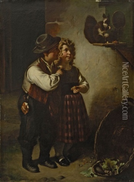 Zwei Kinder Mit Eichhornchen Oil Painting - Carl Adolf Gugel