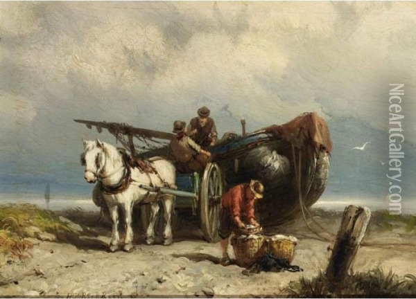 Unloading The Catch Oil Painting - Johannes Hermann Barend Koekkoek